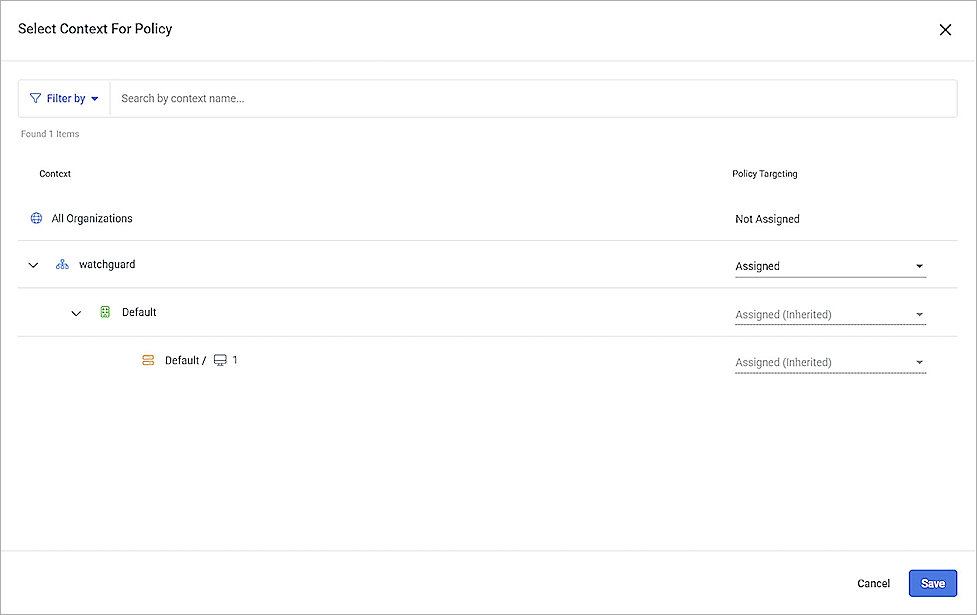 Screenshot of Select Context for Policy dialog box in Kaseya VSA X